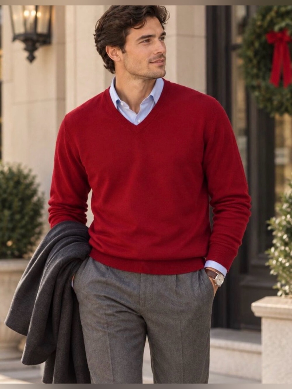 Express Design Studio 100% Italian Merino Wool V-Neck Sweater Men’s L Red